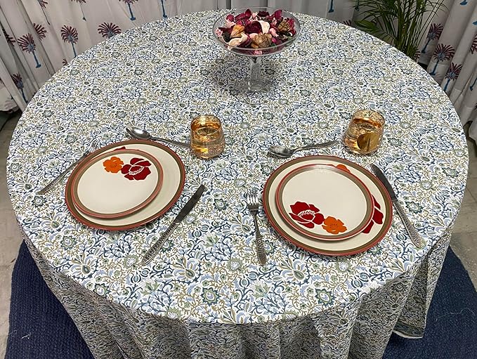 Ridhi Block Print Round Indigo Flower Reusable Tablecloth 100% Cotton 110" Inch Decorative Table Cover eveyday Dining, Home, Party, Wedding, Farmhouse Gift for Spring, Easter, Valentine