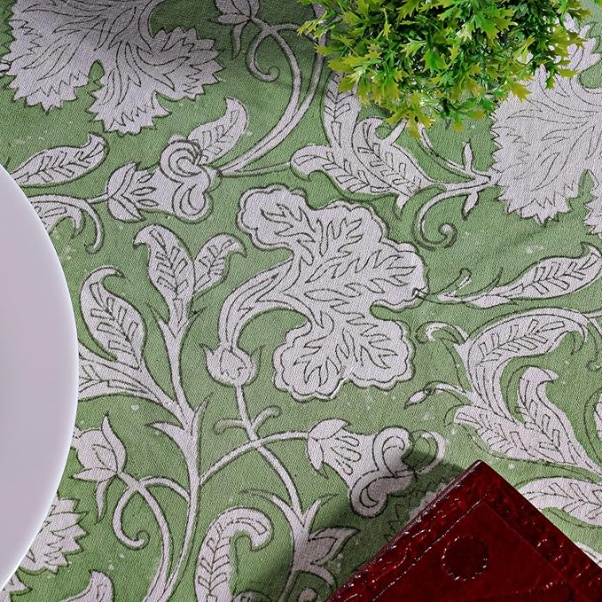 Ridhi Block Print Round Sage Green Reusable Tablecloth 100% Cotton 110" Inch Decorative Table Cover eveyday Dining, Home, Party, Wedding, Farmhouse Gift for Spring, Easter, Valentine