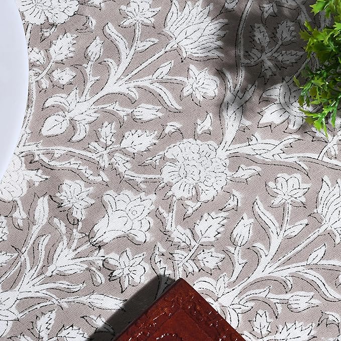 Ridhi Block Print Round Taupe Reusable Tablecloth 100% Cotton 60" Inch Decorative Table Cover eveyday Dining, Home, Party, Wedding, Farmhouse Gift for Spring, Easter, Valentine