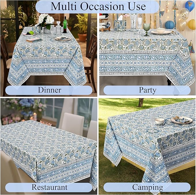 Ridhi Hand Block Print Asparagus Green Rectangle Cotton Tablecloth 90" x 60" Reusable Table Cover Decorative Everyday Use for Dining, Farmhouse, Home Gift for Spring, Easter, Valentine