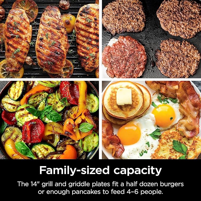 Ninja GR101 Sizzle Smokeless Indoor Grill & Griddle (Renewed), 14′′ Interchangeable Nonstick Plates, Dishwasher-Safe Removable Mesh Lid, 500F Max Heat, Even Edge-to-Edge Cooking, Grey/Silver