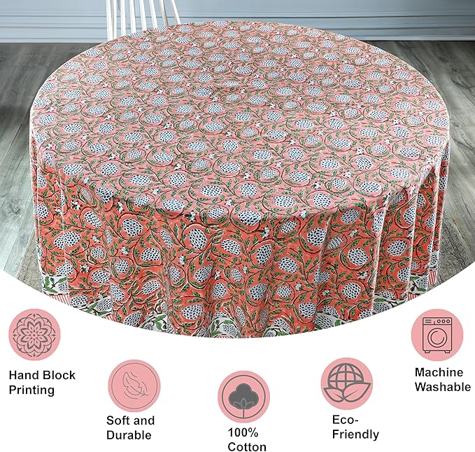 Ridhi Block Print Round Dark Salmon Reusable Tablecloth 100% Cotton 110" Inch Decorative Table Cover eveyday Dining, Home, Party, Wedding, Farmhouse Gift for Spring, Easter, Valentine
