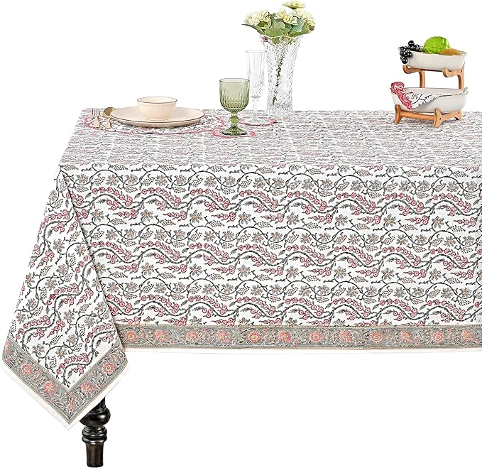 Ridhi Hand Block Print Coral Pink Rectangle Cotton Tablecloth 120" x 80" Reusable Table Cover Decorative Everyday Use for Dining, Farmhouse, Home Gift for Spring, Easter, Valentine