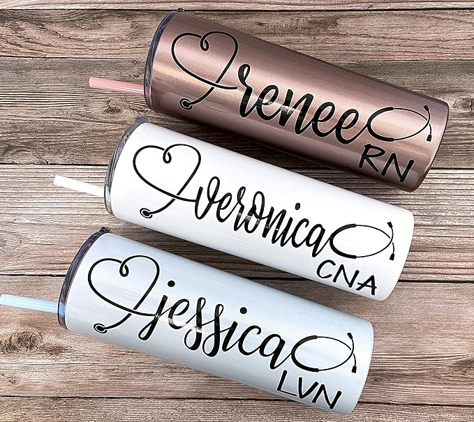 20 oz Personalized Nurse's Stainless Steel Vinyl Decal Tumbler with Custom Stethoscope Name by Avito - Includes Straw and Lid - Nurse RN - Nurse Gift