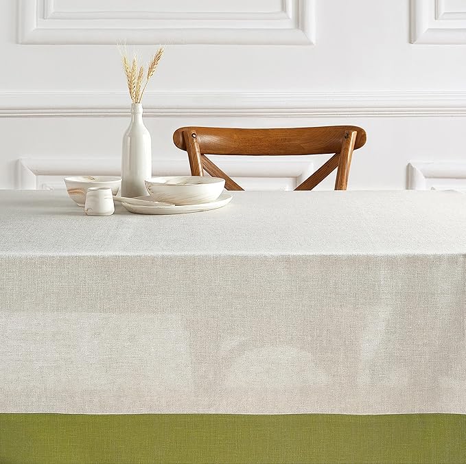 Solino Home Linen Tablecloth 60 x 90 Inch - 100% Pure Linen Avocado and Natural Tablecloth for Rectangle Tables - Contempo, Machine Washable Table Cloth for Winter, St Patricks Day