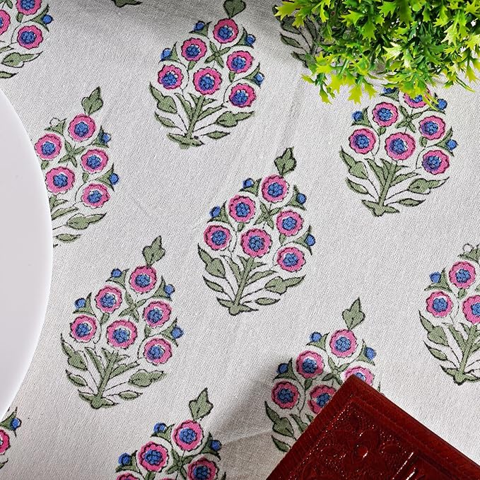 Ridhi Block Print Round Ruddy Blue Reusable Tablecloth 100% Cotton 132" Inch Decorative Table Cover eveyday Dining, Home, Party, Wedding, Farmhouse Gift for Spring, Easter, Valentine
