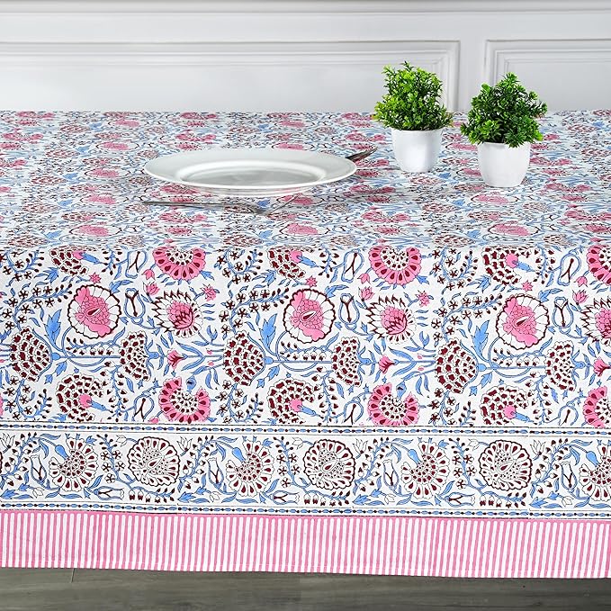 Ridhi Hand Block Print Pigeon Blue Flamingo Pink Rectangle Cotton Tablecloth 102" x 48" Reusable Table Cover Decorative Everyday Use for Dining, Farmhouse, Home Gift for Spring, Easter, Valentine