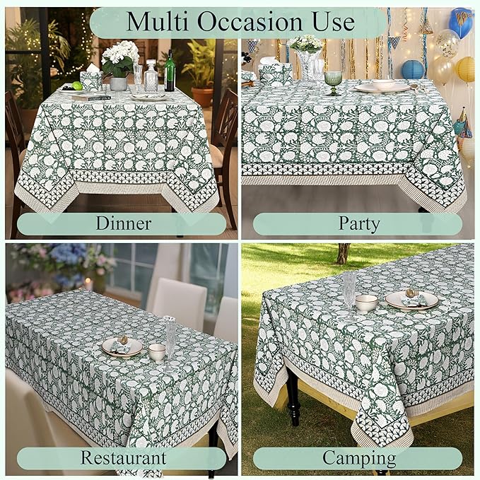 Ridhi Hand Block Print Turquoise Moss Green Rectangle Cotton Tablecloth 90" x 60" Reusable Table Cover Decorative Everyday Use for Dining, Farmhouse, Home Gift for Spring, Easter, Valentine