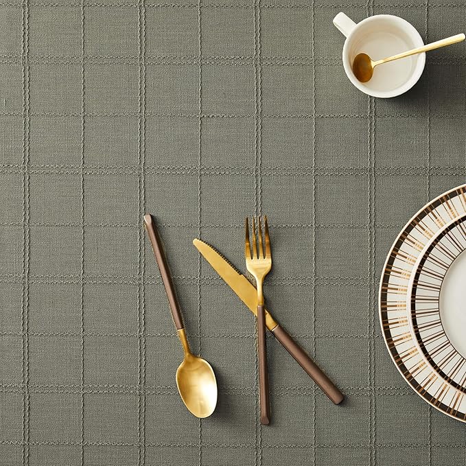 ZeeMart Linen Checked Table Cloth, Farmhouse Style Plaid Embroidered Green Tablecloth, Water Resistant Square Table Cloth, Olive 52x52 Inches