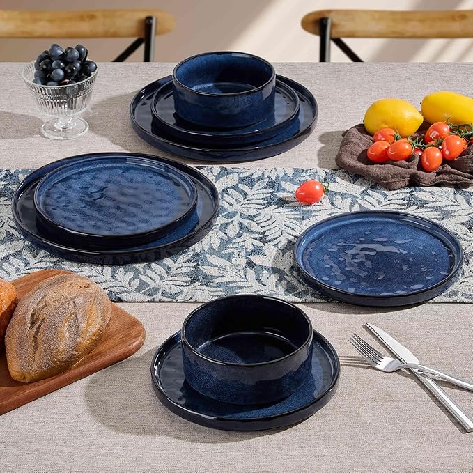 Herogo 24 Pieces Dinnerware Sets for 8, Plates and Bowls Sets for Home Serving, Stoneware Dining Dishes, Dishwasher & Microwave Safe, Starry Blue