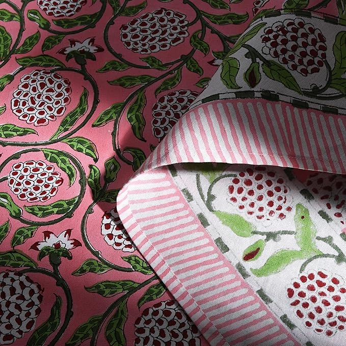 Ridhi Block Print Round Strawberry Pink Reusable Tablecloth 100% Cotton 132" Inch Decorative Table Cover eveyday Dining, Home, Party, Wedding, Farmhouse Gift for Spring, Easter, Valentine