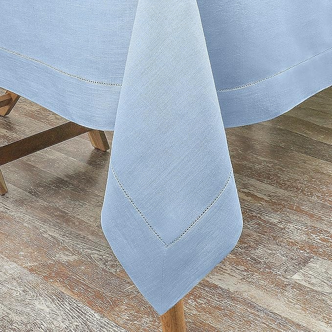 D'Moksha Homes Powder Blue Linen Tablecloth 60 x 108 Inch - 100% Pure Linen Blue Table Cloth for Rectangle Tables - Classic Hemstitch, Machine Washable Tablecloth for Spring, Easter