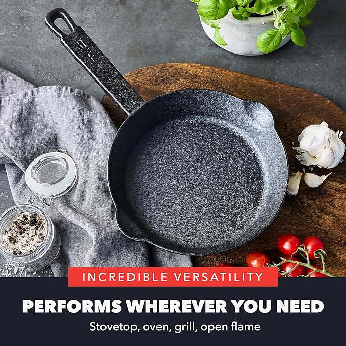 GreenPan x Bobby Flay 8” Cast Iron Pre-Seasoned Skillet with Helper Handle, Professional Grade Heavy Duty, Induction Suitable, Versatile Stovetop, Oven, BBQ, Fire & Grill, Indoor & Outdoor Use, Black