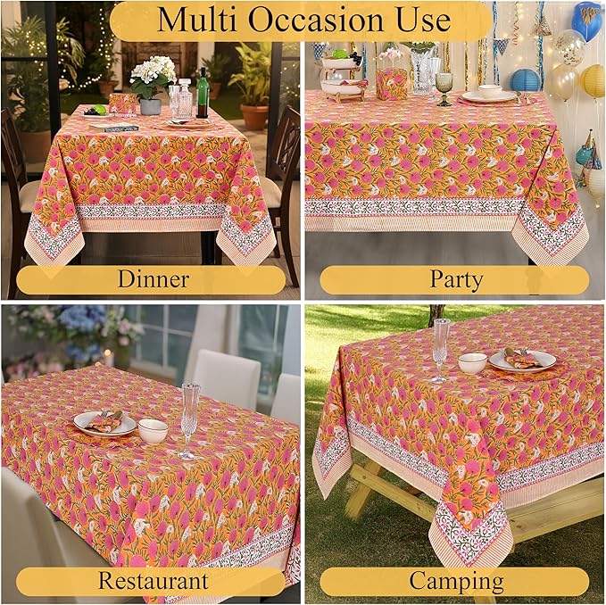 Ridhi Hand Block Print Bubblegum Pink Rectangle Cotton Tablecloth 108" x 60" Reusable Table Cover Decorative Everyday Use for Dining, Farmhouse, Home Gift for Spring, Easter, Valentine