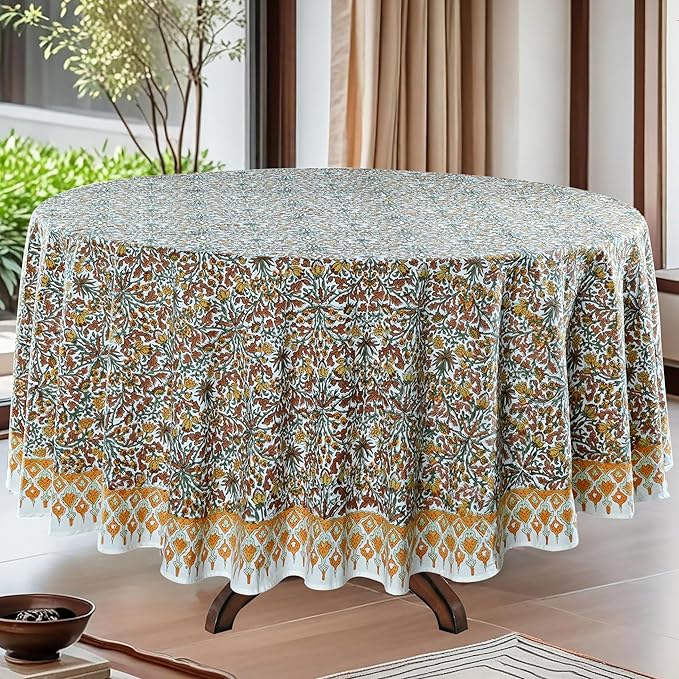 Ridhi Block Print Round Goldenrod Yellow Reusable Tablecloth 100% Cotton 120" Inch Decorative Table Cover eveyday Dining, Home, Party, Wedding, Farmhouse Gift for Spring, Easter, Valentine