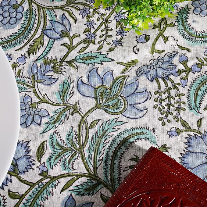 Ridhi Block Print Round Columbia Blue Reusable Tablecloth 100% Cotton 60" Inch Decorative Table Cover eveyday Dining, Home, Party, Wedding, Farmhouse Gift for Spring, Easter, Valentine