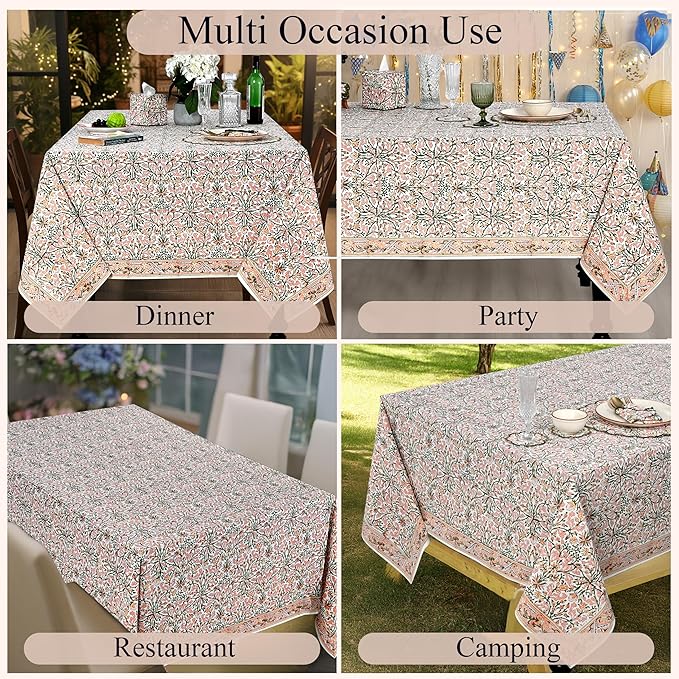 Ridhi Sassy Salmon and Emerald Green Hand Block Print Cotton Cloth Dinning Table Cover Wedding Farmhouse Thanksgiving Christmas Spring Fall Tablecloth 4 Seater 60x60 Inches Square