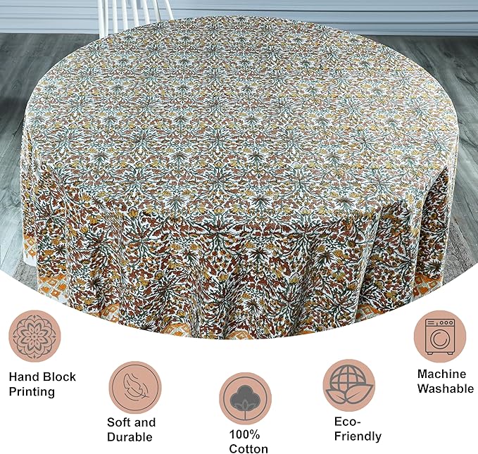 Ridhi Block Print Round Goldenrod Yellow Reusable Tablecloth 100% Cotton 120" Inch Decorative Table Cover eveyday Dining, Home, Party, Wedding, Farmhouse Gift for Spring, Easter, Valentine