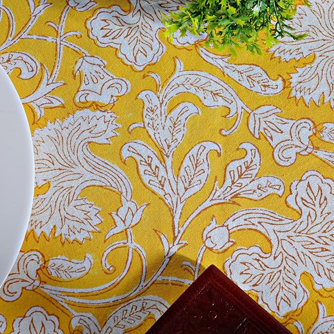 Ridhi Block Print Round Saffron Yellow Reusable Tablecloth 100% Cotton 132" Inch Decorative Table Cover eveyday Dining, Home, Party, Wedding, Farmhouse Gift for Spring, Easter, Valentine