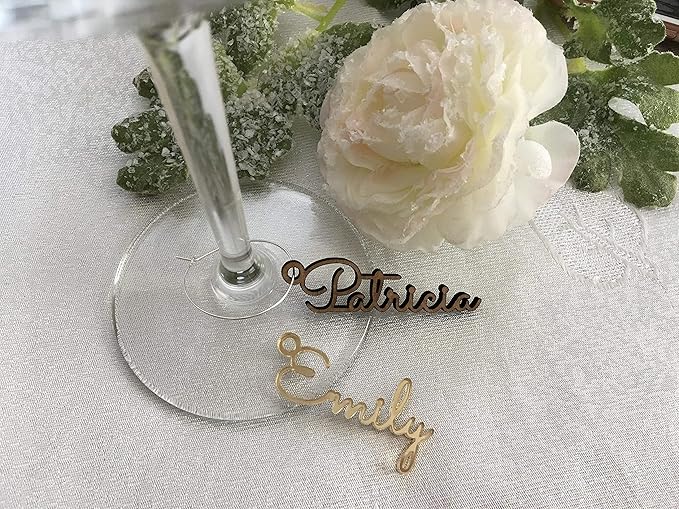 Personalized Wine Glass Charms, Custom Name Drink Markers, Place Setting Name Tags, Acrylic and Wood Material