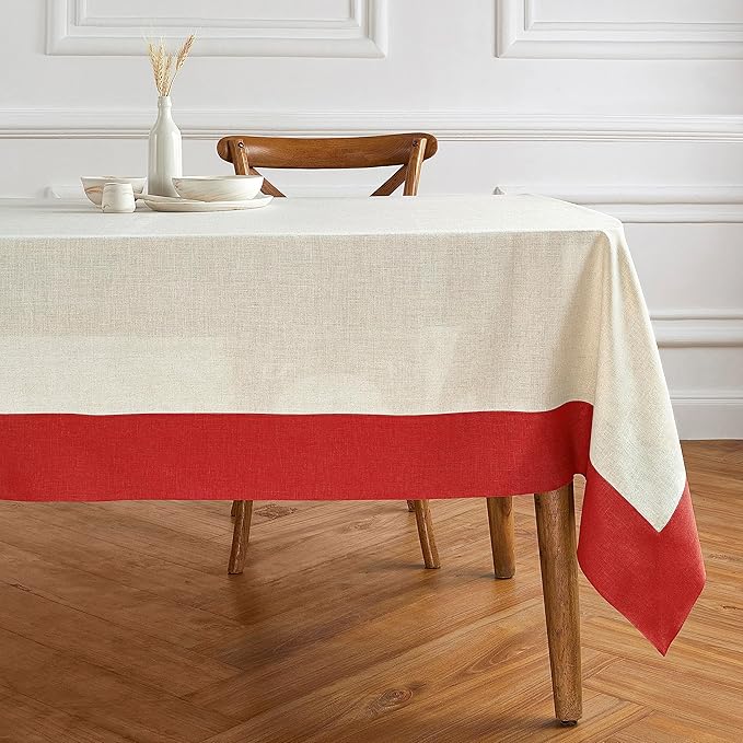Solino Home Linen Tablecloth for Rectangle Tables 60 x 90 Inch - 100% Pure Linen Red and Natural Table Cloth - Contempo, Machine Washable Cloth Tablecloth for Valentines
