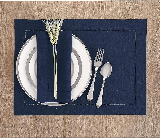 Solino Home Linen Placemats Set of 4 - Classic Hemstitch Navy Blue Placemats 14 x 19 Inch - 100% Pure Linen Table Mats for Winter, Easter