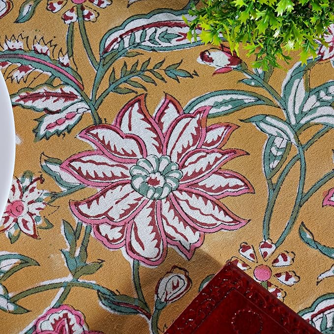 Ridhi Block Print Round Biscotti Yellow Reusable Tablecloth 100% Cotton 60" Inch Decorative Table Cover eveyday Dining, Home, Party, Wedding, Farmhouse Gift for Spring, Easter, Valentine