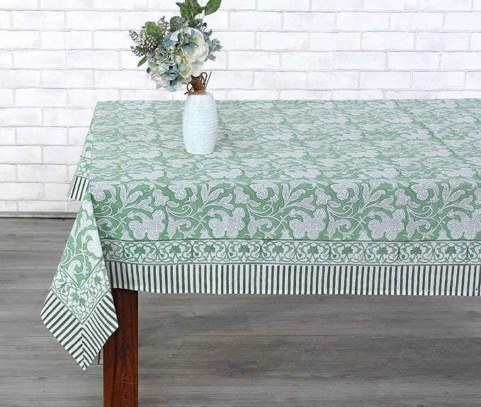 Ridhi Hand Block Print Sage Green Rectangle Cotton Tablecloth 160" x 72" Reusable Table Cover Decorative Everyday Use for Dining, Farmhouse, Home Gift for Spring, Easter, Valentine