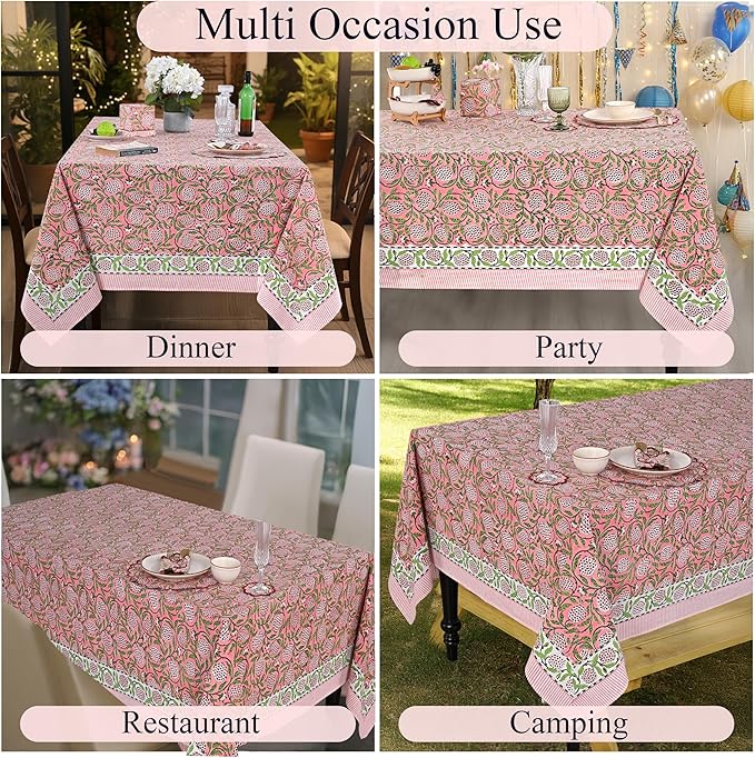 Ridhi Hand Block Print Strawberry Pink Rectangle Cotton Tablecloth 120" x 80" Reusable Table Cover Decorative Everyday Use for Dining, Farmhouse, Home Gift for Spring, Easter, Valentine
