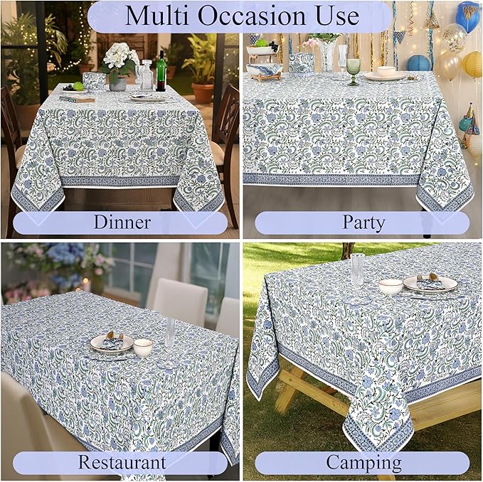 Ridhi Hand Block Print Columbia Blue Rectangle Cotton Tablecloth 190" x 72" Reusable Table Cover Decorative Everyday Use for Dining, Farmhouse, Home Gift for Spring, Easter, Valentine