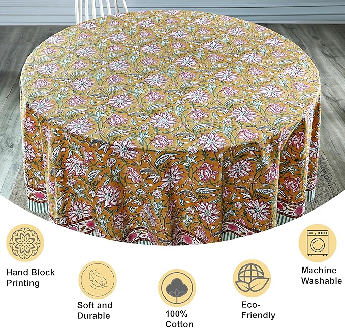 Ridhi Block Print Round Biscotti Yellow Reusable Tablecloth 100% Cotton 110" Inch Decorative Table Cover eveyday Dining, Home, Party, Wedding, Farmhouse Gift for Spring, Easter, Valentine
