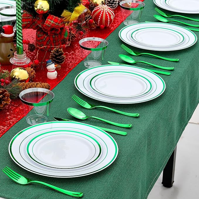 300PCS Green Dinnerware Set, 50 Guests White and Green Plastic Plates, Fancy Plastic Plate-50 Dinner Platos, 50 Dessert Platos, 50 Silverware Set, 50 Cups for Party Wedding