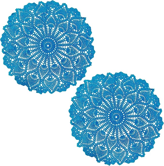 BIBITIME Lace Placemats Table Doilies Round Handmade Crochet Doily Kitchen Coffee Cup Mug Mats Dinner Place Mats (16 to 17.5 inches-2PCS, Lake Blue)