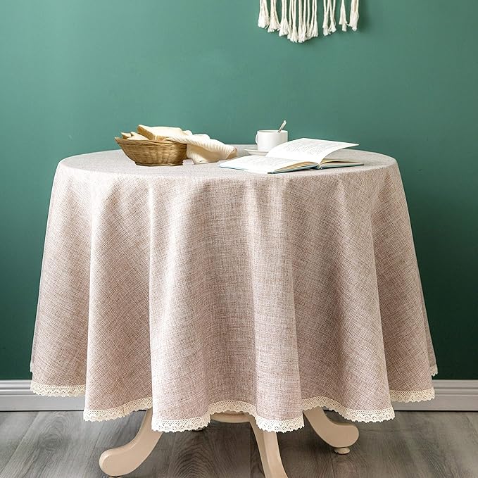 Linen Rustic Burlap Washable Tablecloth,Solid Heavy Weight 116 Inch Round Overlay Lace Edge Table Cover for Kitchen Dinning Decoration