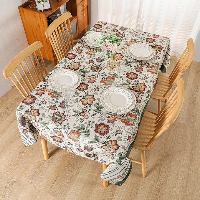 Dimatic Stylish Cotton Linen Rectangular Tablecloth for Kitchen Dining Table, Holiday Party Decorations Table Cover, Floral Green, 55 x 86 Inches