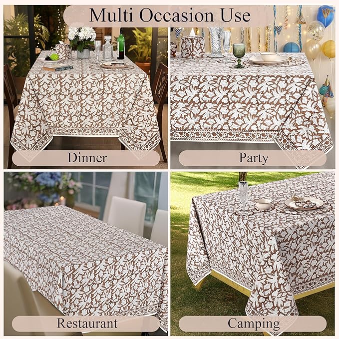 Ridhi Hand Block Print Oak Brown Rectangle Cotton Tablecloth 90" x 60" Reusable Table Cover Decorative Everyday Use for Dining, Farmhouse, Home Gift for Spring, Easter, Valentine