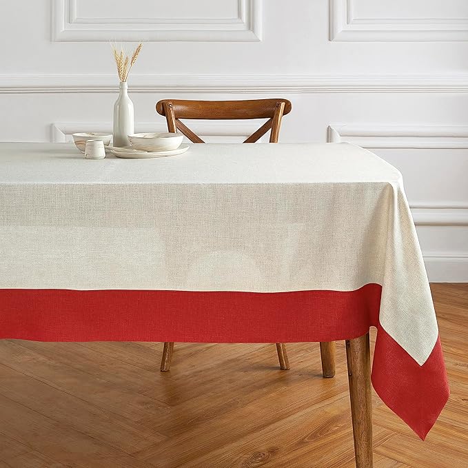 Solino Home Linen Tablecloth for Rectangle Tables 60 x 90 Inch - 100% Pure Linen Red and Natural Table Cloth - Contempo, Machine Washable Cloth Tablecloth for Valentines