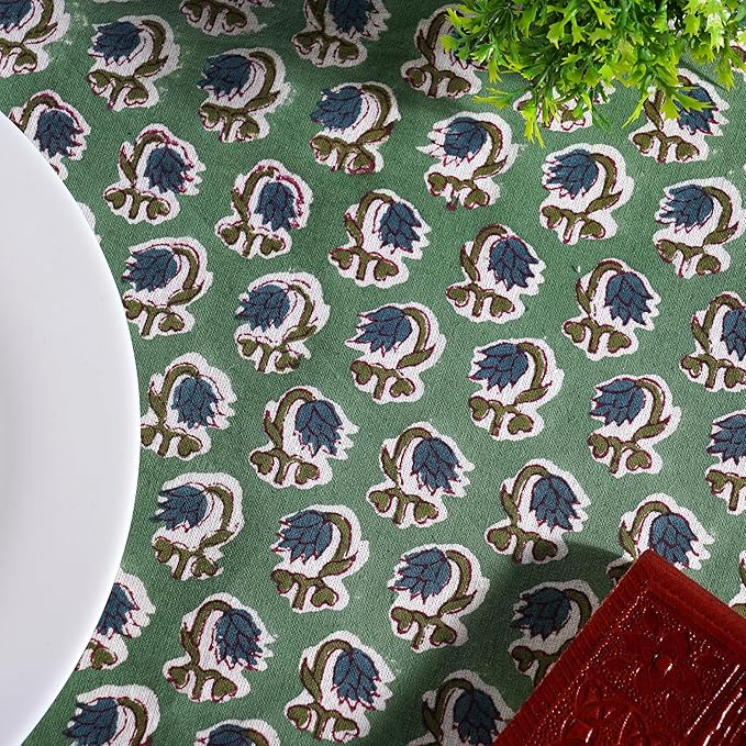 Ridhi Block Print Round Basil Green Reusable Tablecloth 100% Cotton 132" Inch Decorative Table Cover eveyday Dining, Home, Party, Wedding, Farmhouse Gift for Spring, Easter, Valentine