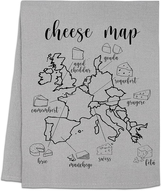 Moonlight Makers Cheese-Themed Funny Kitchen Towels - Decorative Handmade Cotton Dish Towels, Absorbent Tea Cloth, Unique Housewarming Gifts, Home Essentials, 28x28in - Cheese Map, Gray
