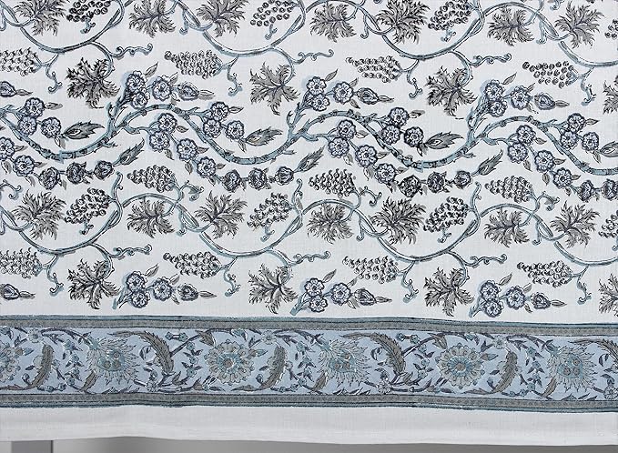 Ridhi Hand Block Print Baby Blue Eyes Rectangle Cotton Tablecloth 140" x 72" Reusable Table Cover Decorative Everyday Use for Dining, Farmhouse, Home Gift for Spring, Easter, Valentine
