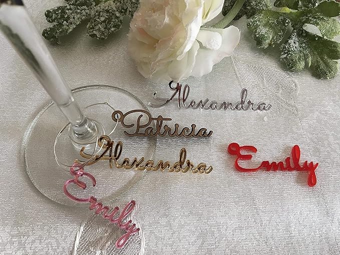 Personalized Wine Glass Charms, Custom Name Drink Markers, Place Setting Name Tags, Acrylic and Wood Material
