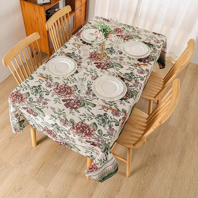 Dimatic Cotton and Linen Rectangular Tablecloth with Red Rose Pattern, Suitable for Kitchen Dining Table, Home Table Cloth and Holiday Decoration, 55 x 118 Inches