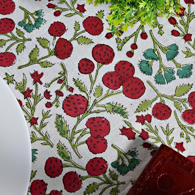 Ridhi Block Print Round Garnet Red Reusable Tablecloth 100% Cotton 90" Inch Decorative Table Cover eveyday Dining, Home, Party, Wedding, Farmhouse Gift for Spring, Easter, Valentine