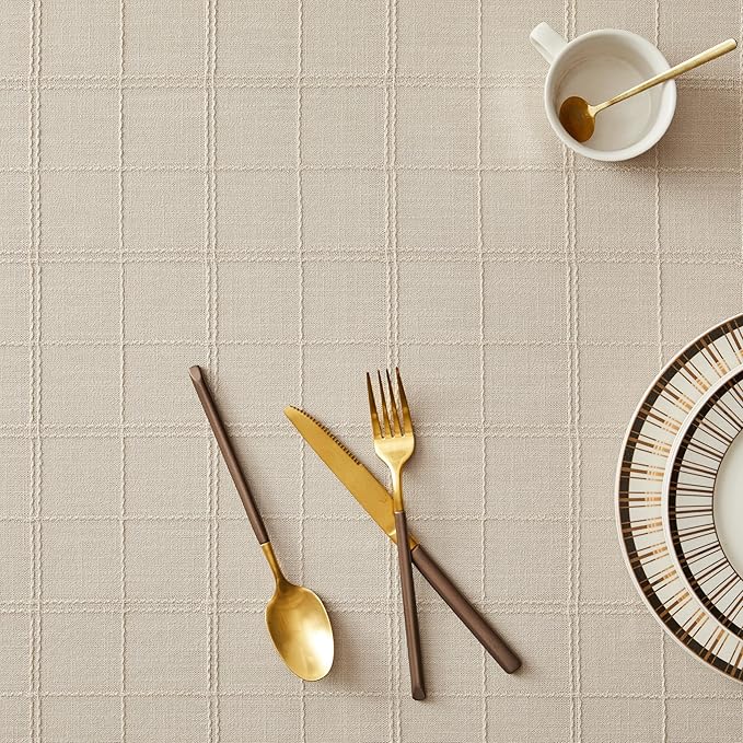 ZeeMart Linen Checked Table Cloth, Farmhouse Style Plaid Embroidered Neutral Tablecloth, Water Resistant Round Table Cloth, Beige 52 Inch Round