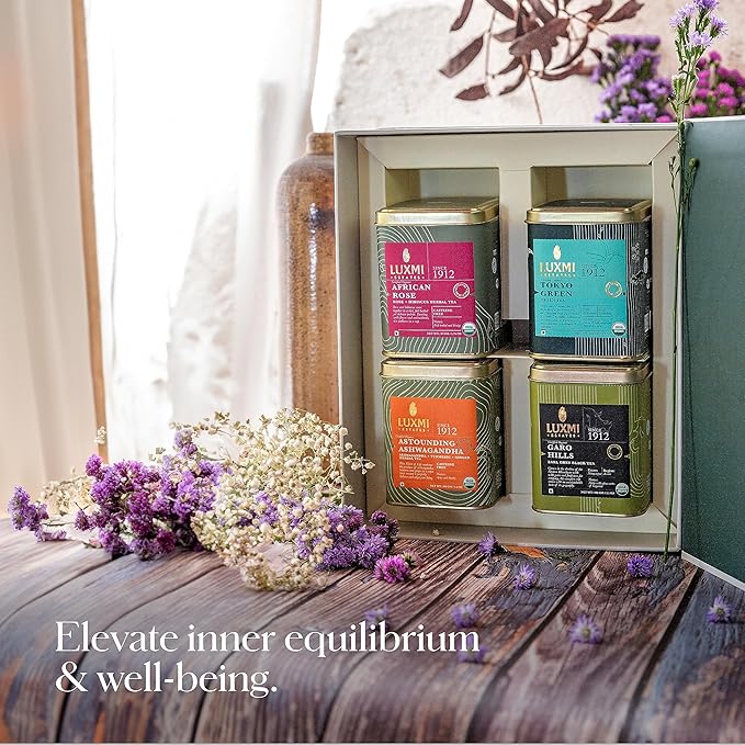 Luxmi Estates - Tea Set - Energy and Balance - 4 Packs with Organic Green, Jasmine, Ashwagandha and Hibiscus Rose Tea - Great Gift Set for Adults