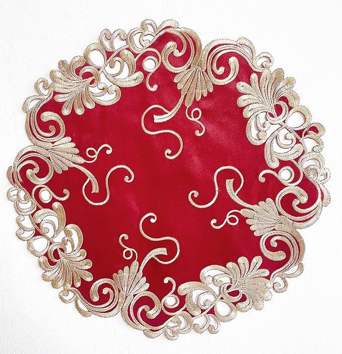 Decozen Set of 12 Doilies for Table, Lace Doilies Rustic Farmhouse Kitchen Dining Table Centerpiece Decor, 15 Inch Gold Burgundy Round Placemats for Home, Valentines Day Gifts, Valentines placemats