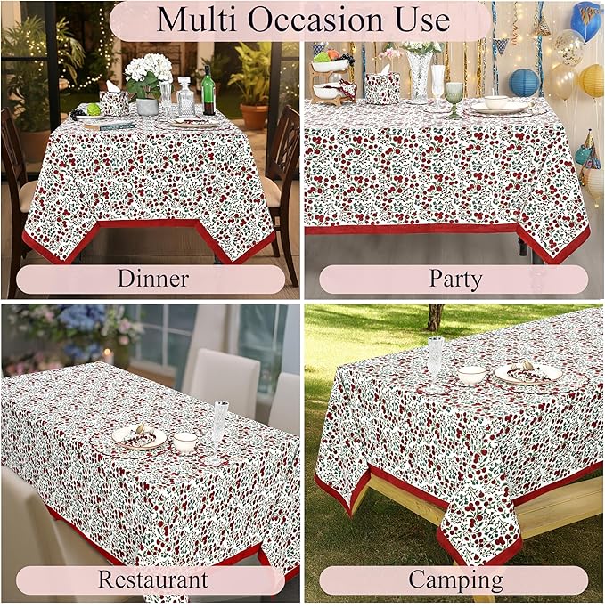 Ridhi Garnet Red and Emerald Green Indian Floral Hand Block Printed Cotton Cloth Tablecloth, Table Cover, Farmhouse Thanksgiving Christmas 4 Seater 60x60 Inches Square
