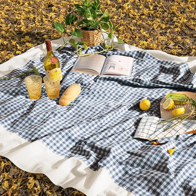 MONDAY MOOSE Gingham Checkered Farmhouse Rustic Picnic Style Decoration Square Natural Stonewashed Cotton Tablecloth for Kitchen, Dining Room, Restaurant (60" Square, Blue/White)