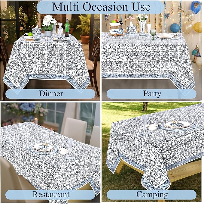 Ridhi Hand Block Print Baby Blue Eyes Rectangle Cotton Tablecloth 108" x 70" Reusable Table Cover Decorative Everyday Use for Dining, Farmhouse, Home Gift for Spring, Easter, Valentine