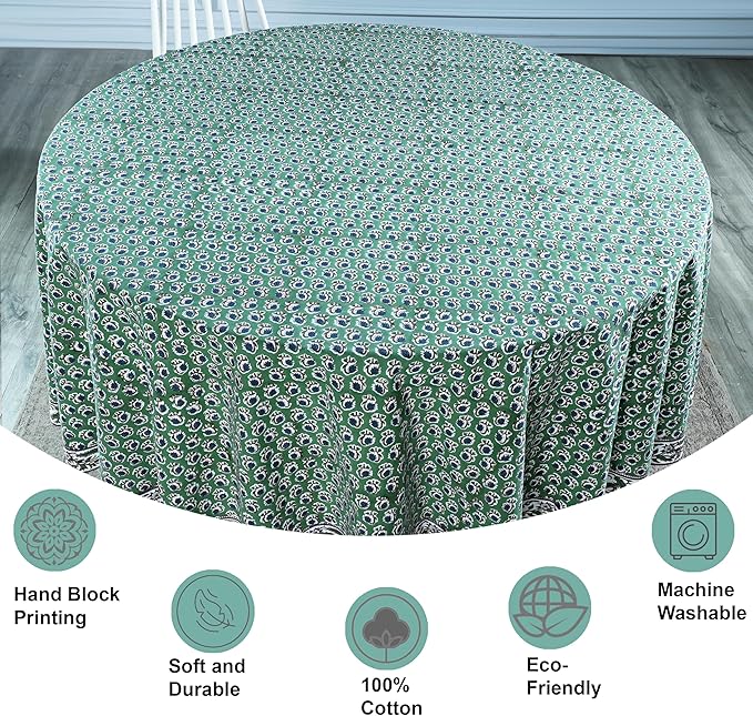 Ridhi Block Print Round Basil Green Reusable Tablecloth 100% Cotton 60" Inch Decorative Table Cover eveyday Dining, Home, Party, Wedding, Farmhouse Gift for Spring, Easter, Valentine